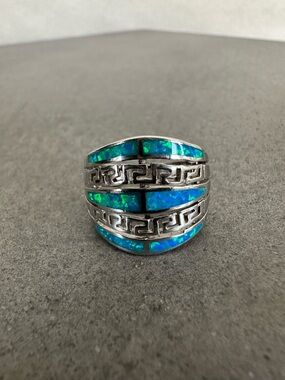 Sterling Silver Blue Green Opal Meander Greek Key Inlay Ring